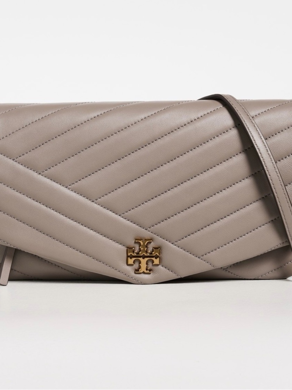 Tory Burch Taupe Chevron Quilted Leather Crossbody with Gold Logo
